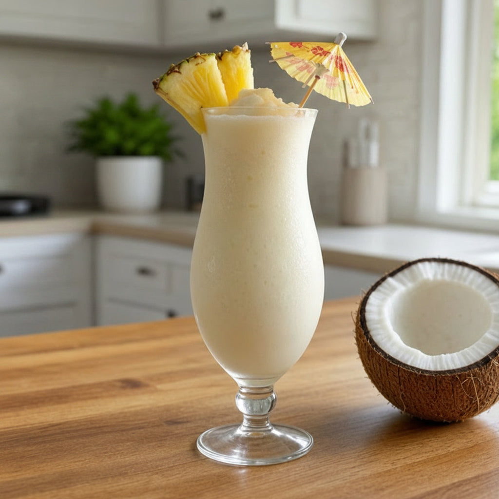 A creamy tropical drink in a tall stemmed glass on a wooden table, garnished with pineapple slices and a small umbrella, with a halved coconut beside it and a blurred kitchen background.