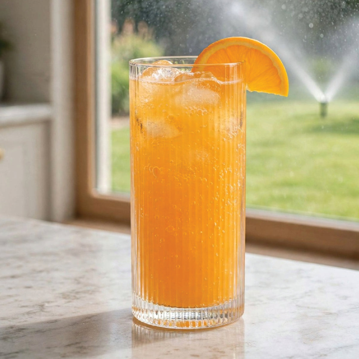 A tall fluted glass of VINKA U-Fizz Orange Soda on a marble kitchentop bench overlooking a backyard window.