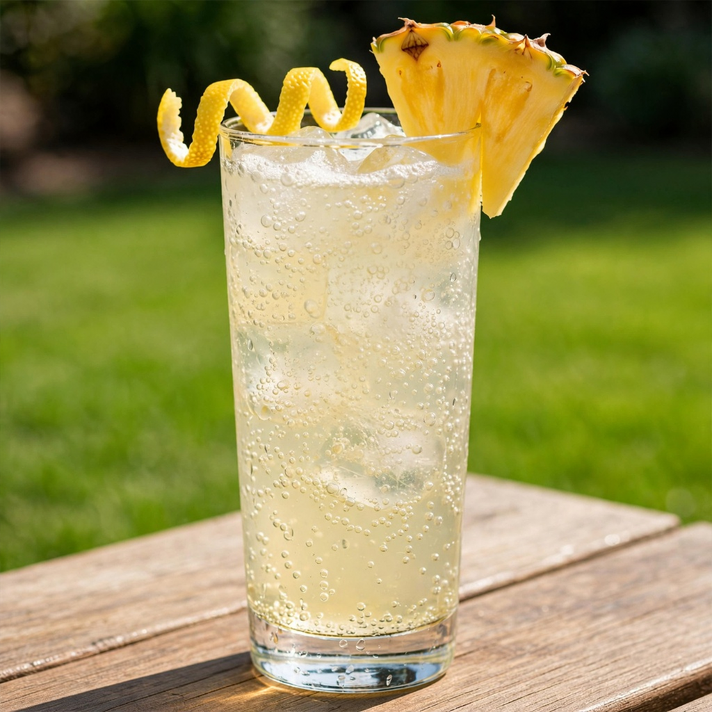 A tall clear glass filled with a bubbly pale yellow drink and ice, set on a wooden table outdoors with a green lawn blurred in the background. The glass is garnished with a spiral lemon peel and a pineapple slice.