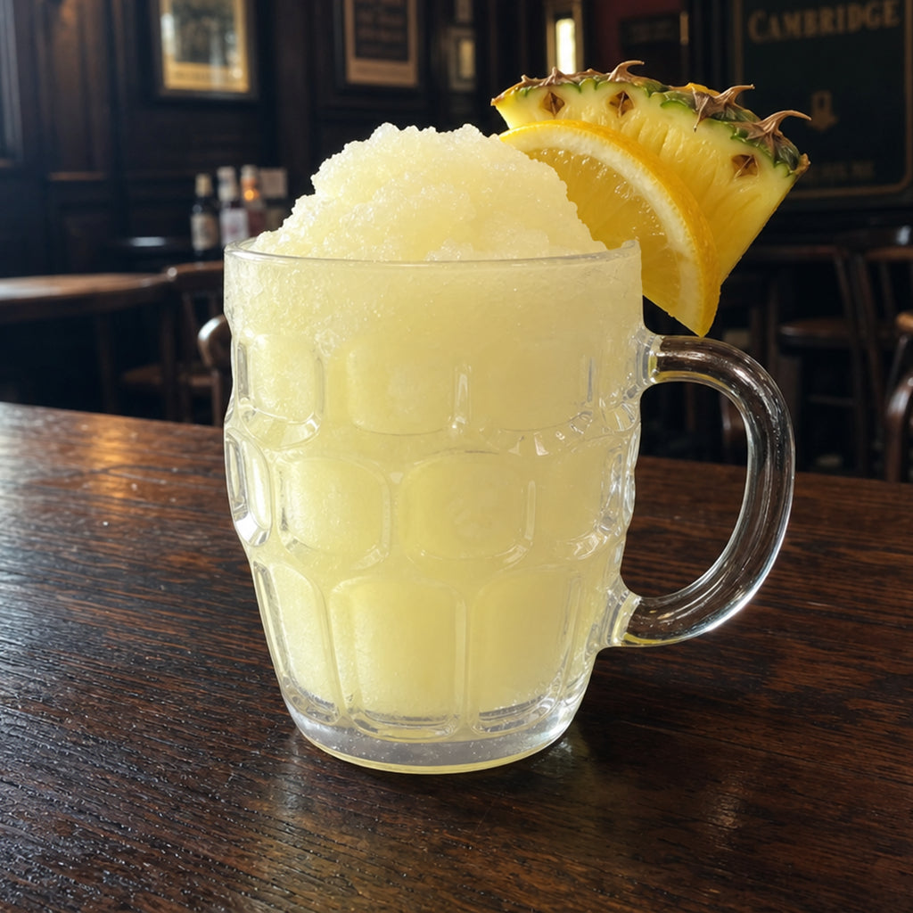 A frosted pineapple drink in a clear textured beer mug with a handle, garnished with a pineapple slice, set on a dark wooden table in a pub interior.
