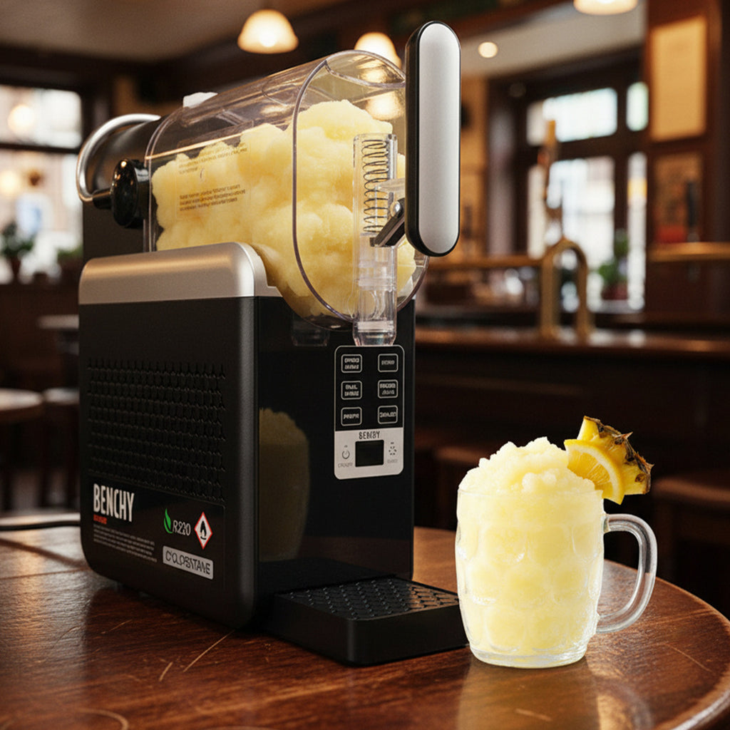 A Benchy slushie maker machine on a wooden bar counter next to a glass of creamy yellow slushie with a lemon wedge, in a blurred bar setting.