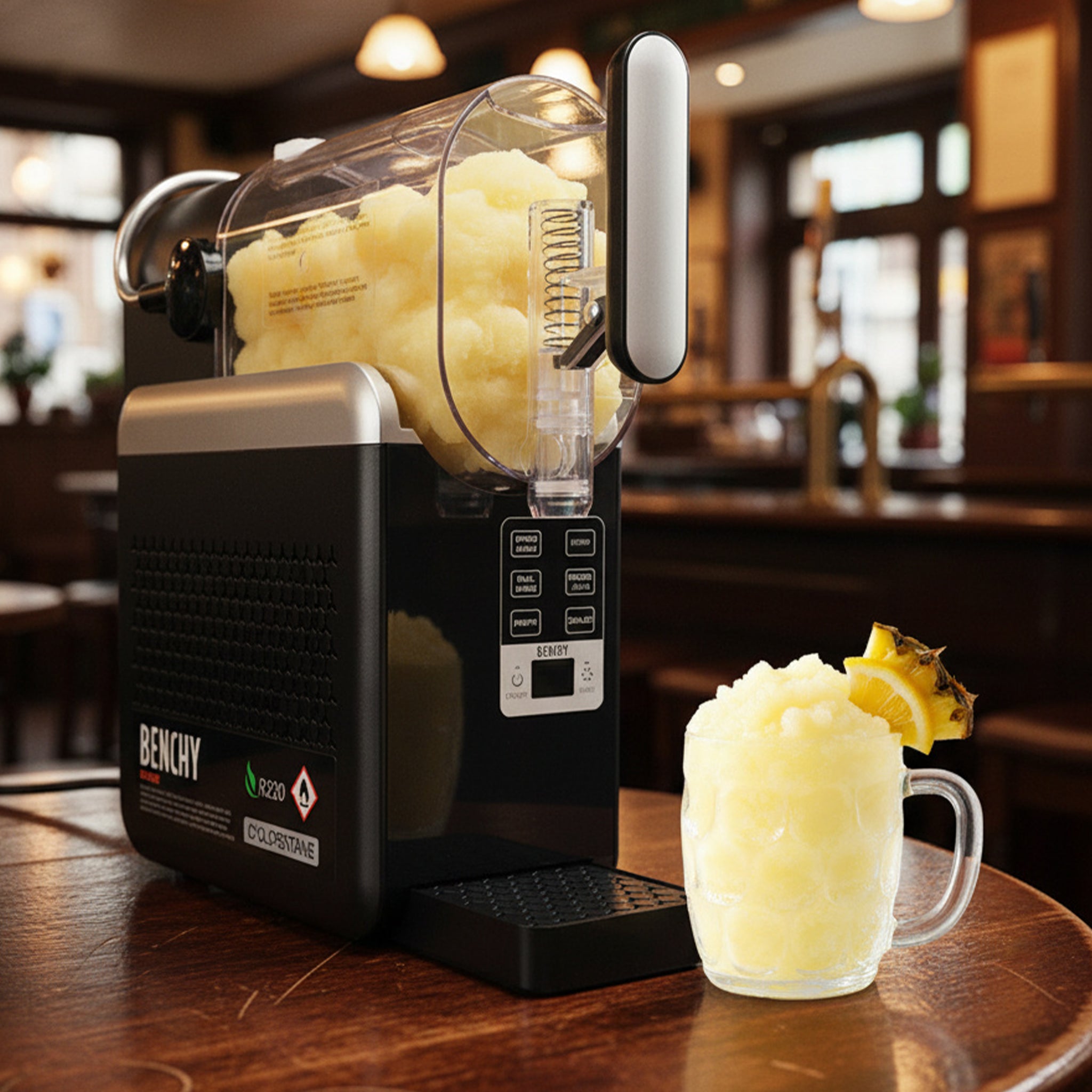 A Benchy slushie maker machine on a wooden bar counter next to a glass of creamy yellow slushie with a lemon wedge, in a blurred bar setting.