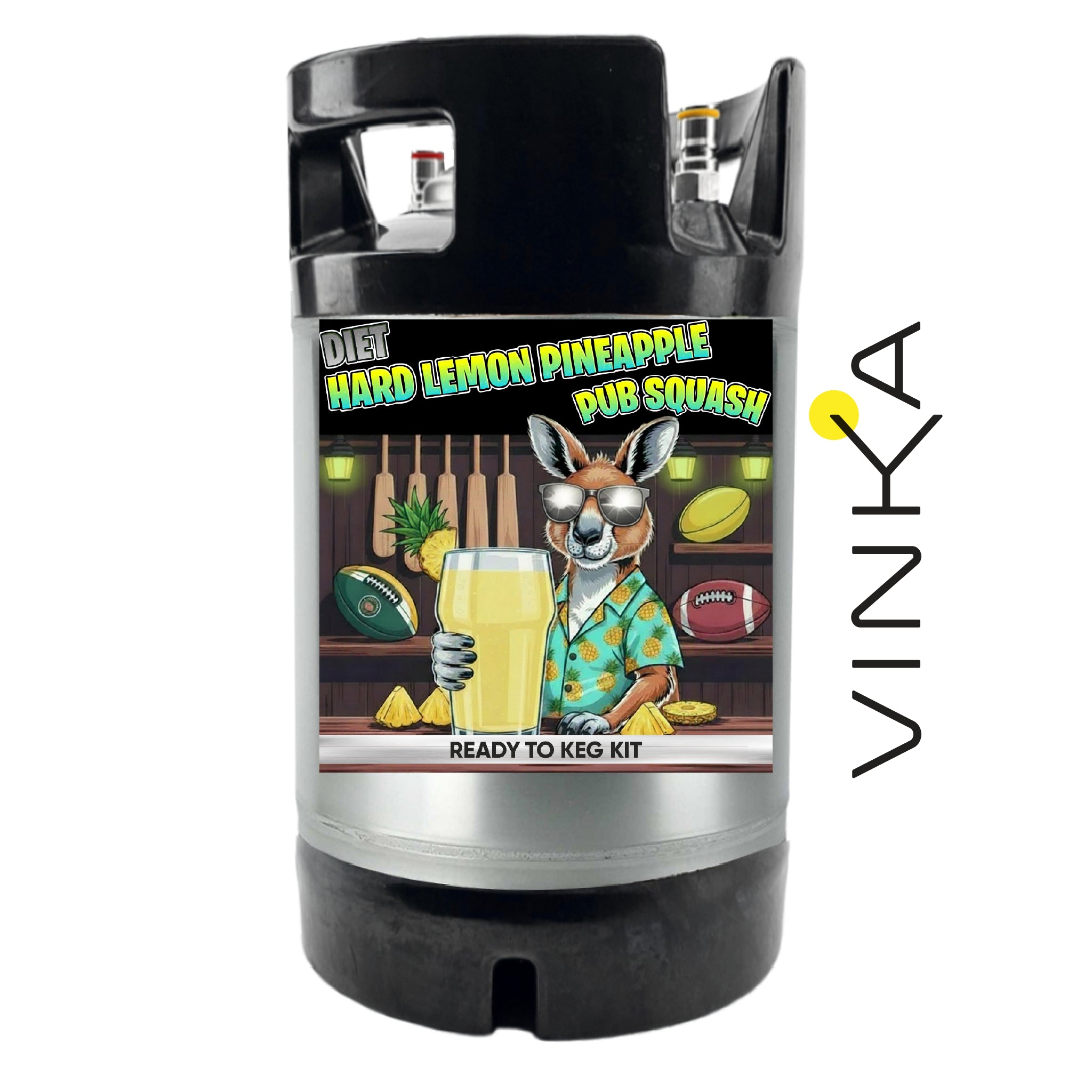 A black and silver kegerator with a colorful cartoon label reading 'Diet Hard Lemon Pineapple Pub Squash' and 'Ready to Keg Kit.' A vertical 'VINKA' logo appears on the right side of the image.
