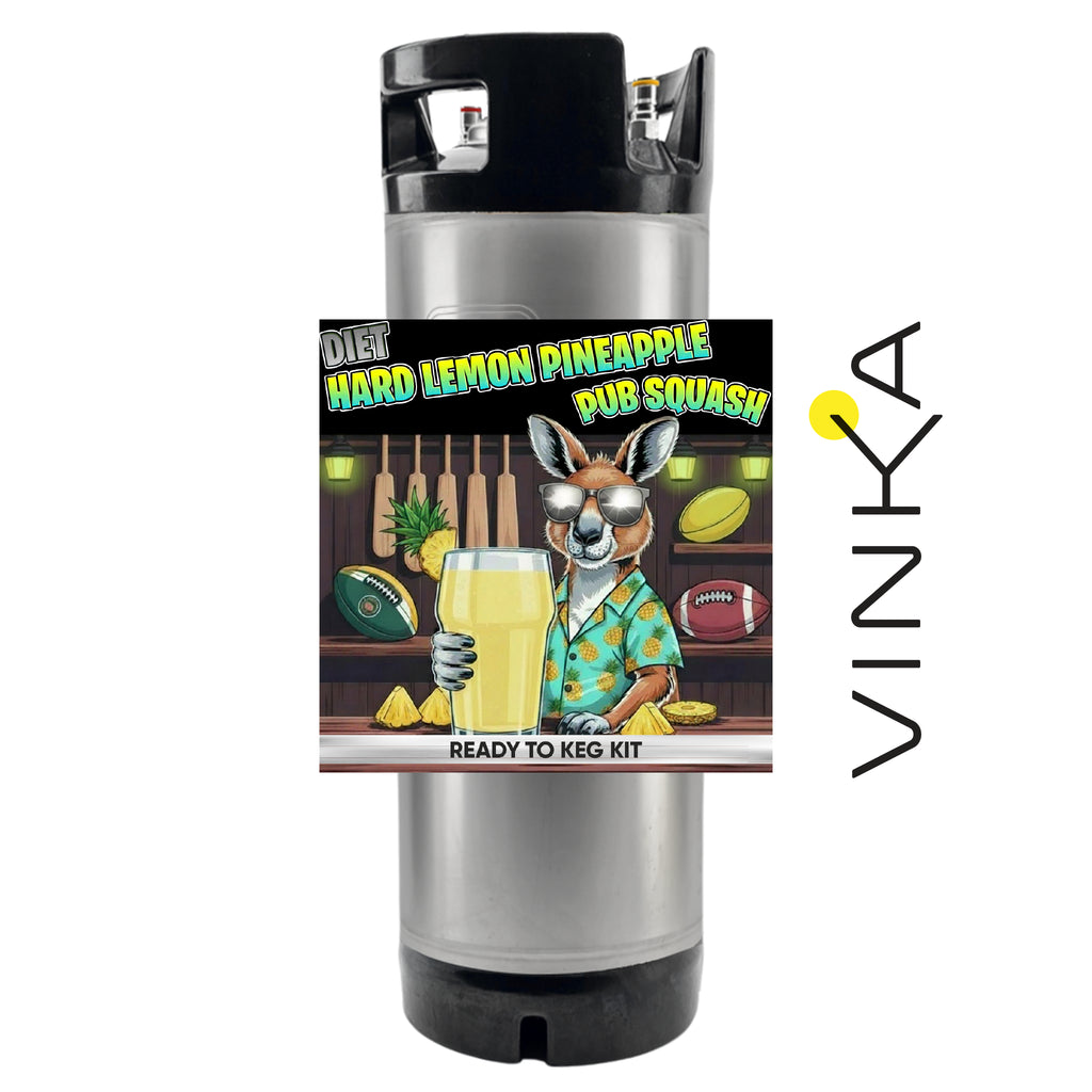 A stainless steel kegerator with a black top and bottom, featuring a colorful wrap label that reads 'Diet Hard Lemon Pineapple Pub Squash' and shows an illustrated kangaroo holding a pint of beer. A vertical 'VINKA' logo appears to the right on a white background.