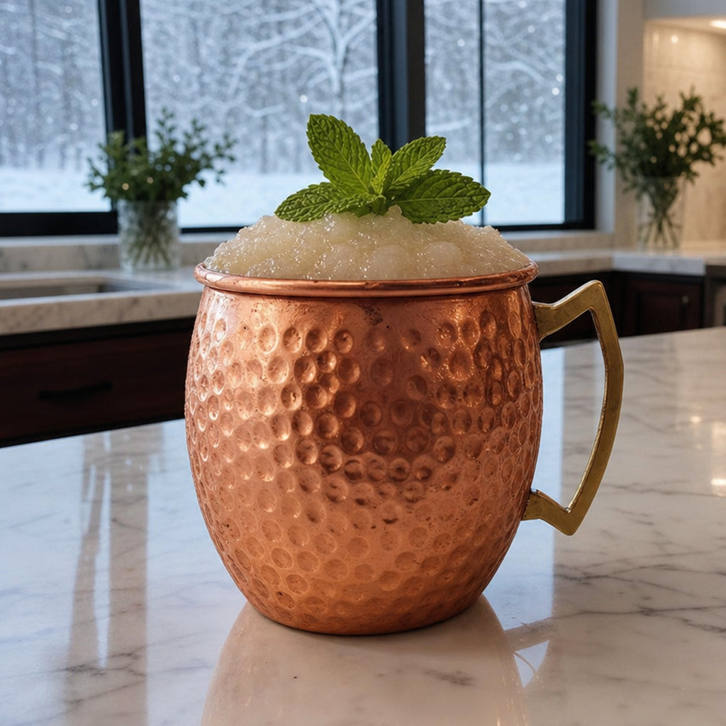 A hammered copper Moscow mule mug with a gold-toned handle, filled with a slushy cocktail and topped with a mint leaf, set on a white marble countertop in a kitchen with snowy windows in the background.