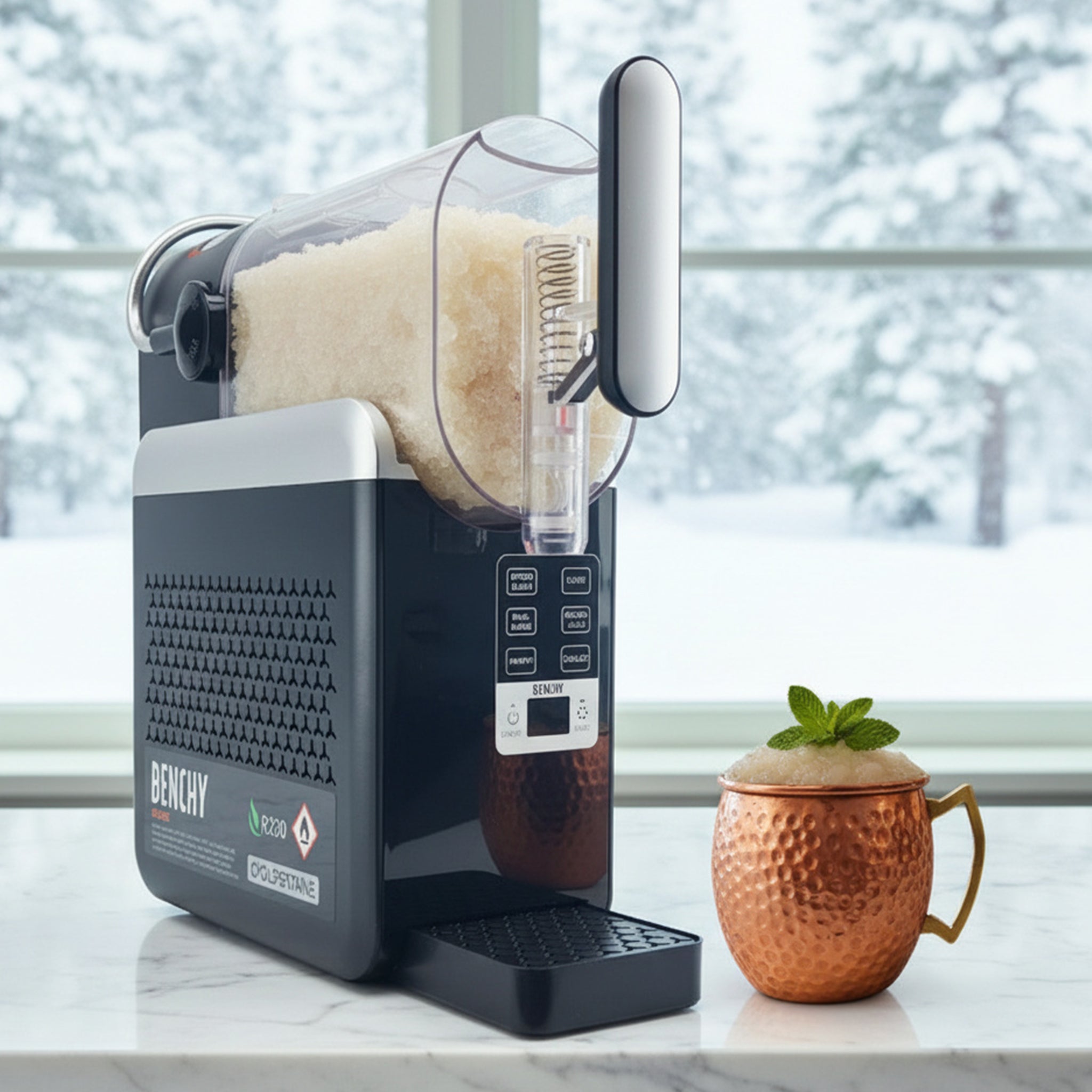 Benchy Slushy Machine with Moscow Mule Mix and copper dimple mug.