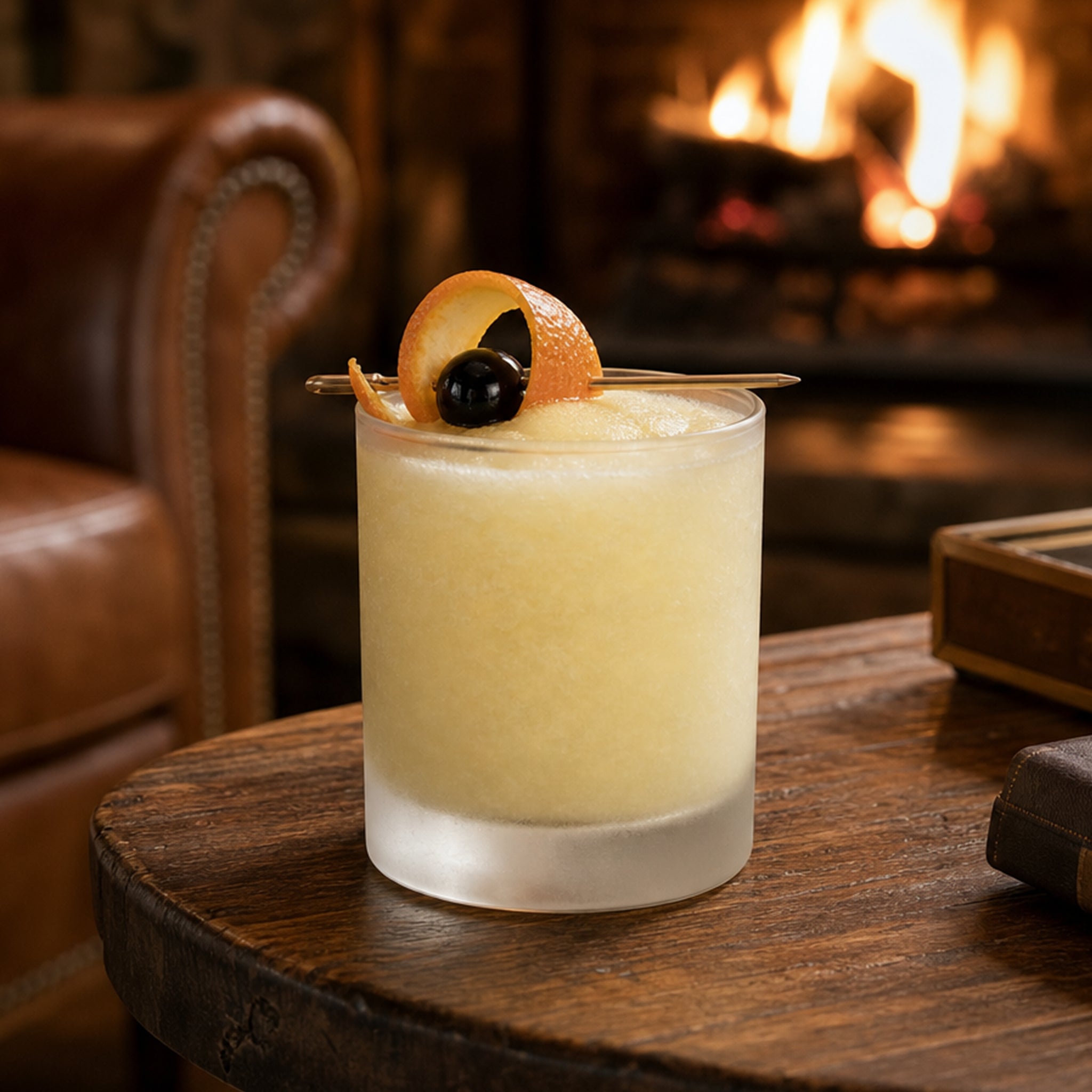 A frosted tumbler glass filled with a pale yellow drink, garnished with a curled orange peel and a dark blueberry, set on a rustic wooden table with a warm fireplace and leather chair in the background.