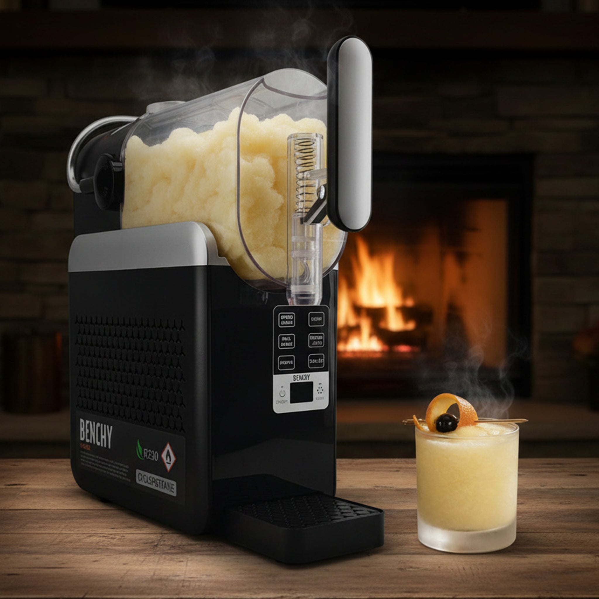 A black and silver BENCHY slushie maker machine shown dispensing pale yellow slushie into a clear container, with a prepared drink in a glass and a blurred fireplace in the background.