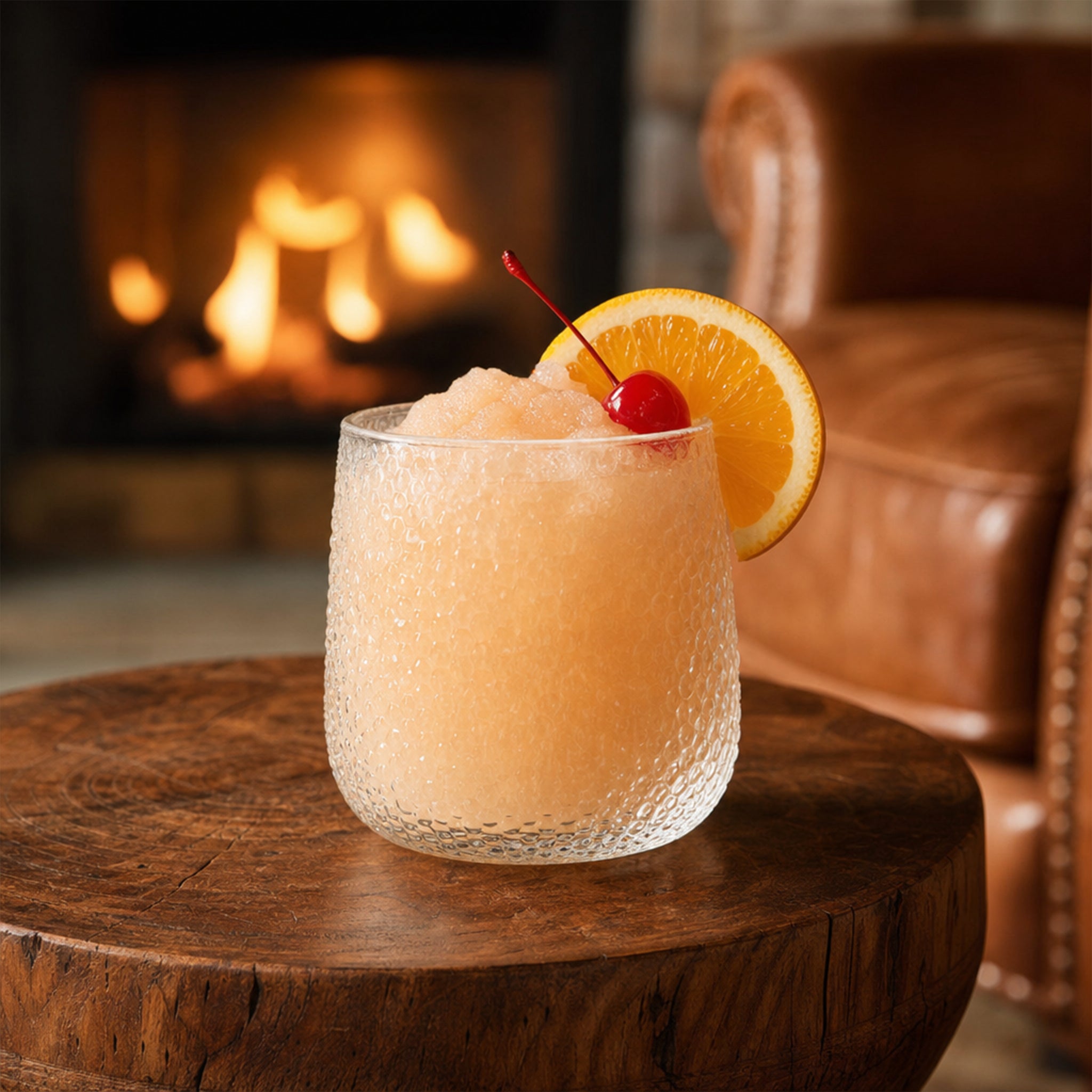Frozen Amaretto Sour Slushy beside a fireplace. Garnished with a slice of orange and a maraschino cherry.