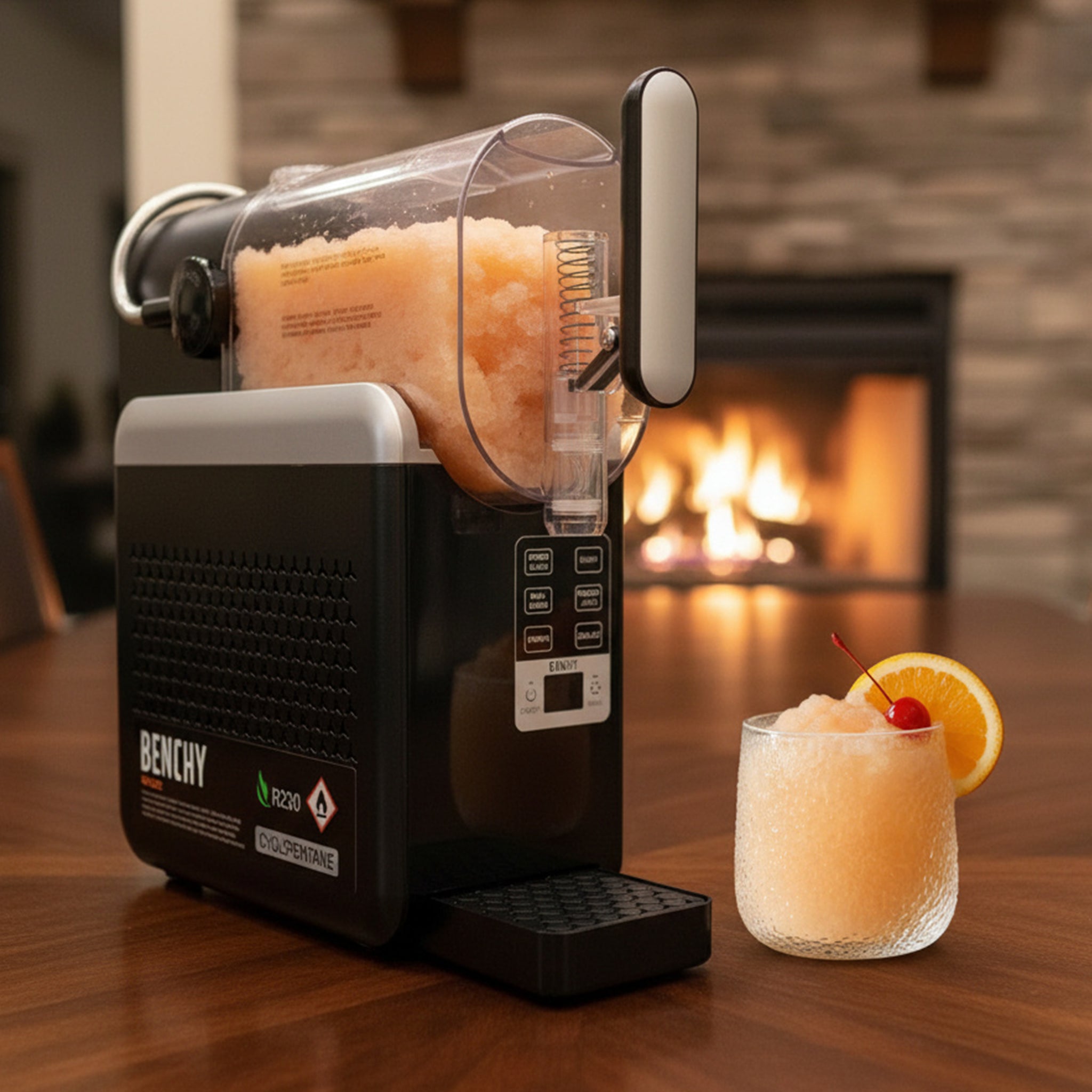 Benchy Slushy Machine with a Frozen Amaretto Sour mix inside on a wooden table.