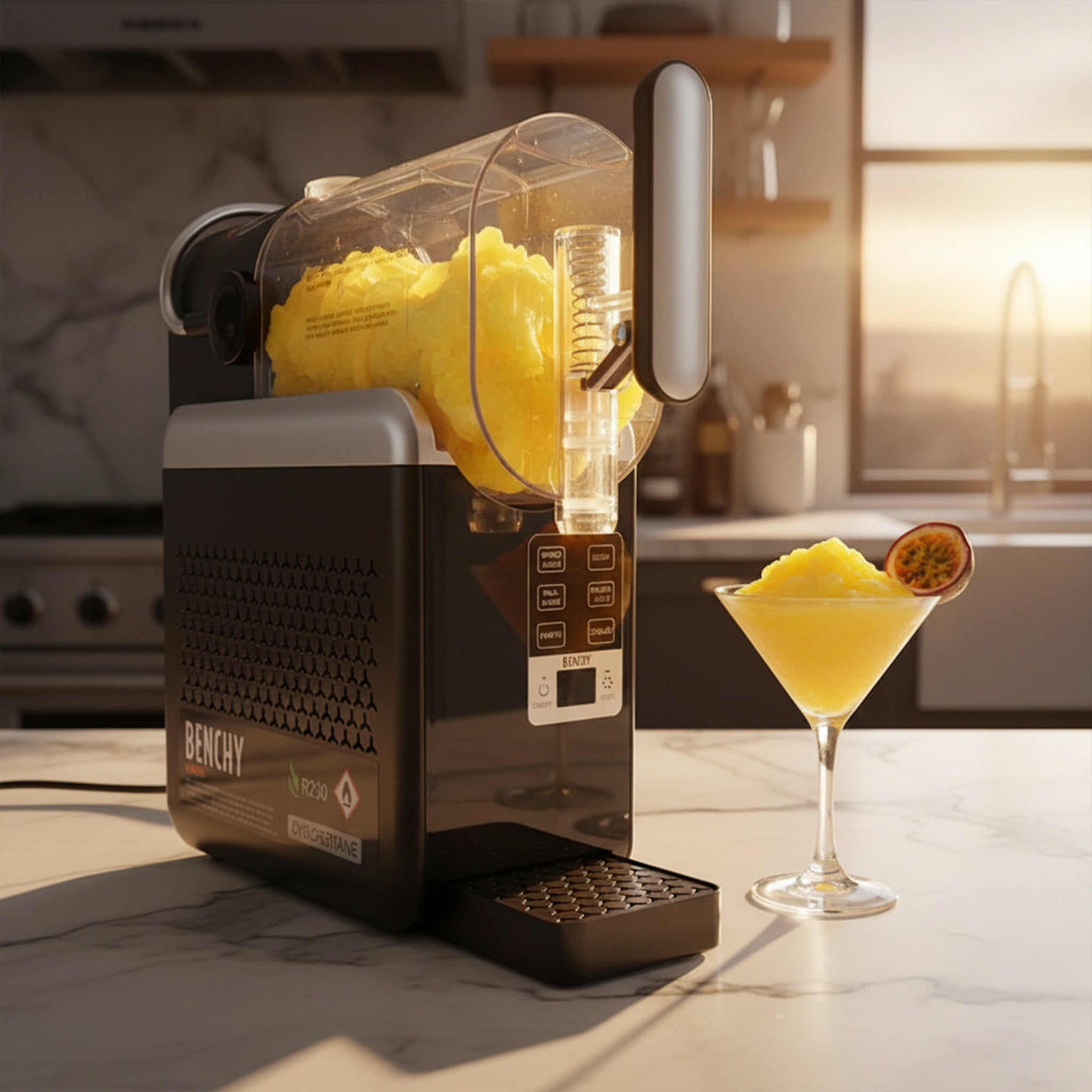 A black and gray Benchy Slushy Machine a clear container filled with yellow shaved ice, shown on a marble kitchen counter next to a martini glass containing the yellow drink and a passion fruit garnish.