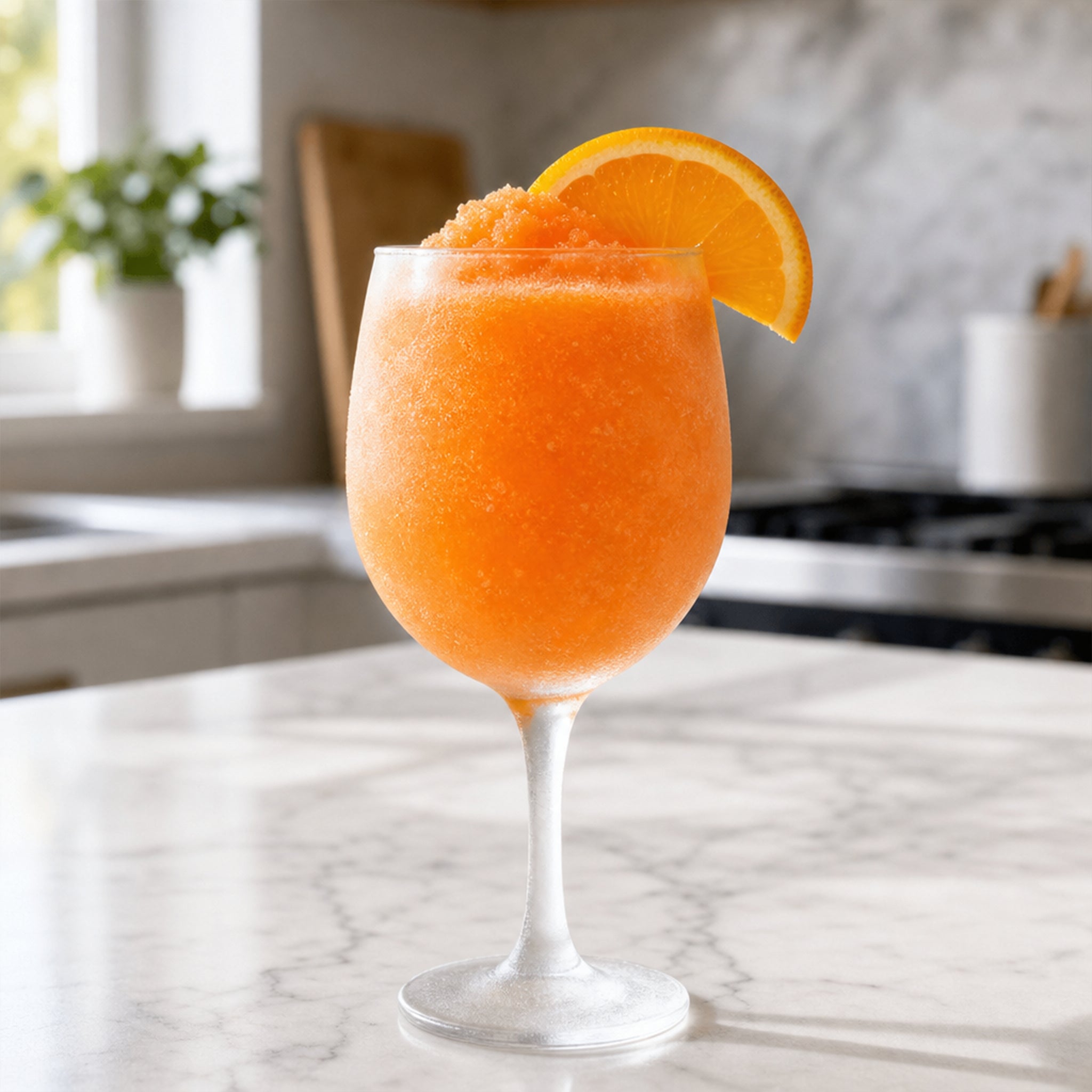 An orange frozen drink in a stemmed glass on a marble countertop, garnished with an orange slice, with a blurred kitchen background.