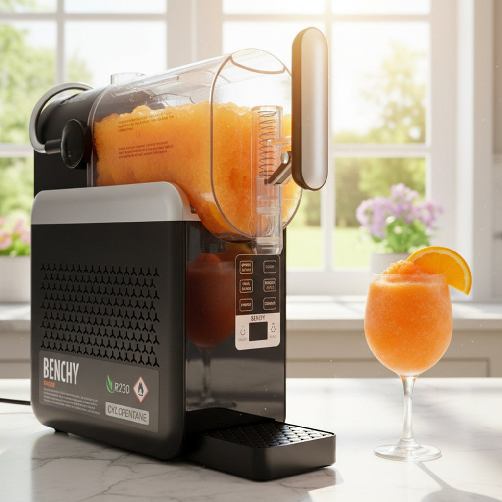 A Benchy Slushy Machine with an Aperitivo Spritz Slushy gleaming in the sunligh. A full wine glass fuill of the slushy garnished with an orange to the right of it.