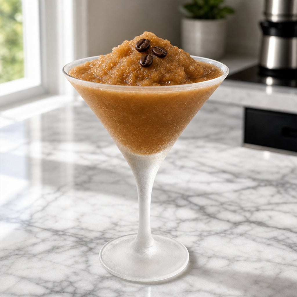 A frosted martini glass filled with a thick, creamy caramel-brown beverage, topped with a few dark coffee beans, set on a white marble countertop in a bright kitchen.