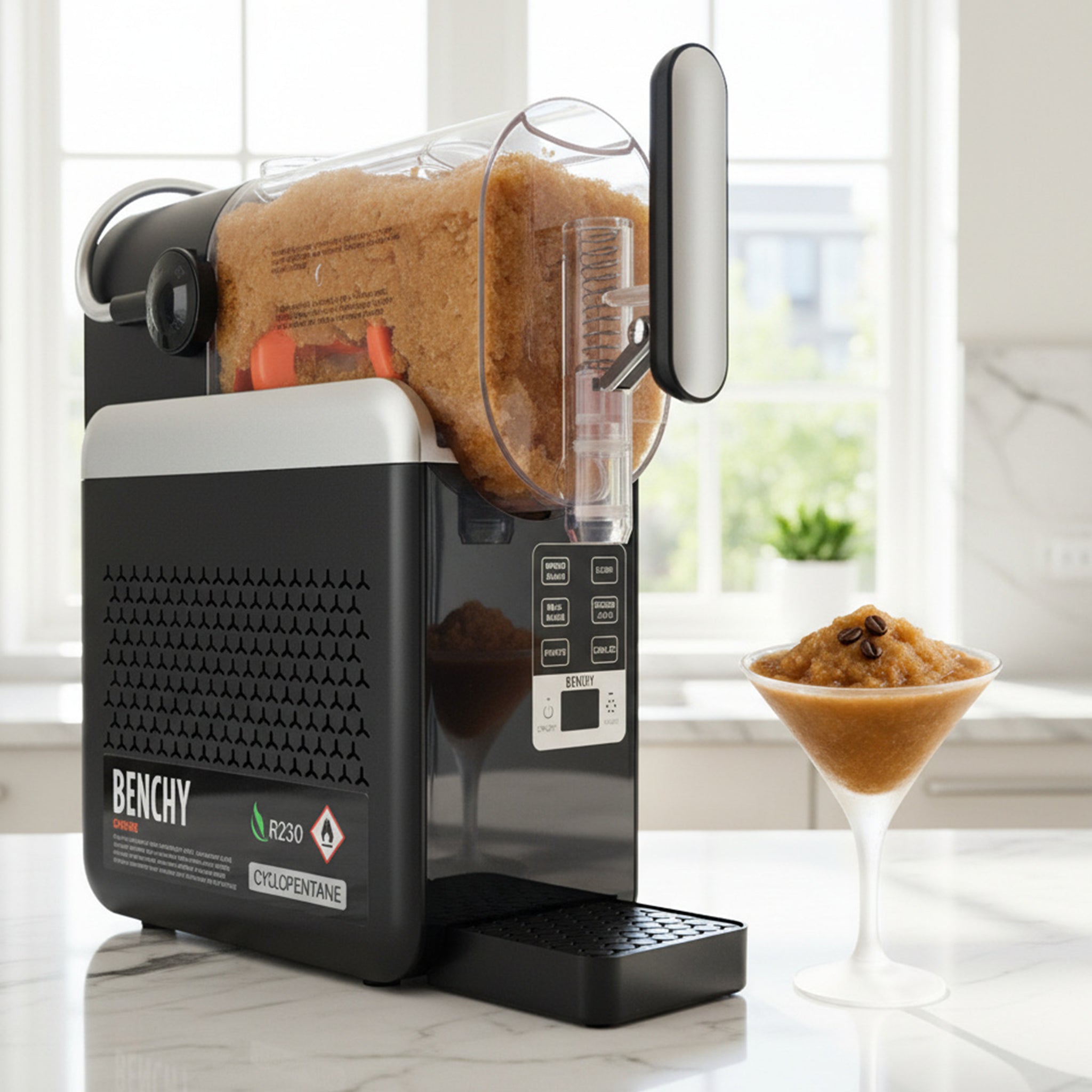 A black and silver BENCHY Slushy machine with a clear hopper filled with a brown slushie, shown on a white marble countertop in a bright kitchen setting, with a martini glass of the slushie beside it.