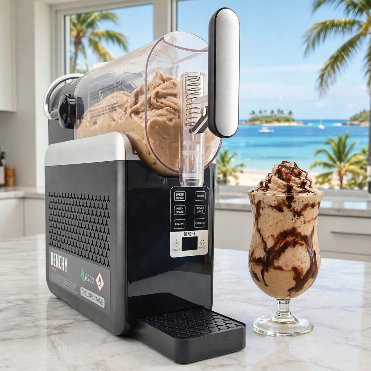 A Benchy slushy machine in black and silver, shown dispensing chocolate ice cream into a tall glass on a marble countertop with a beach background visible through the window.