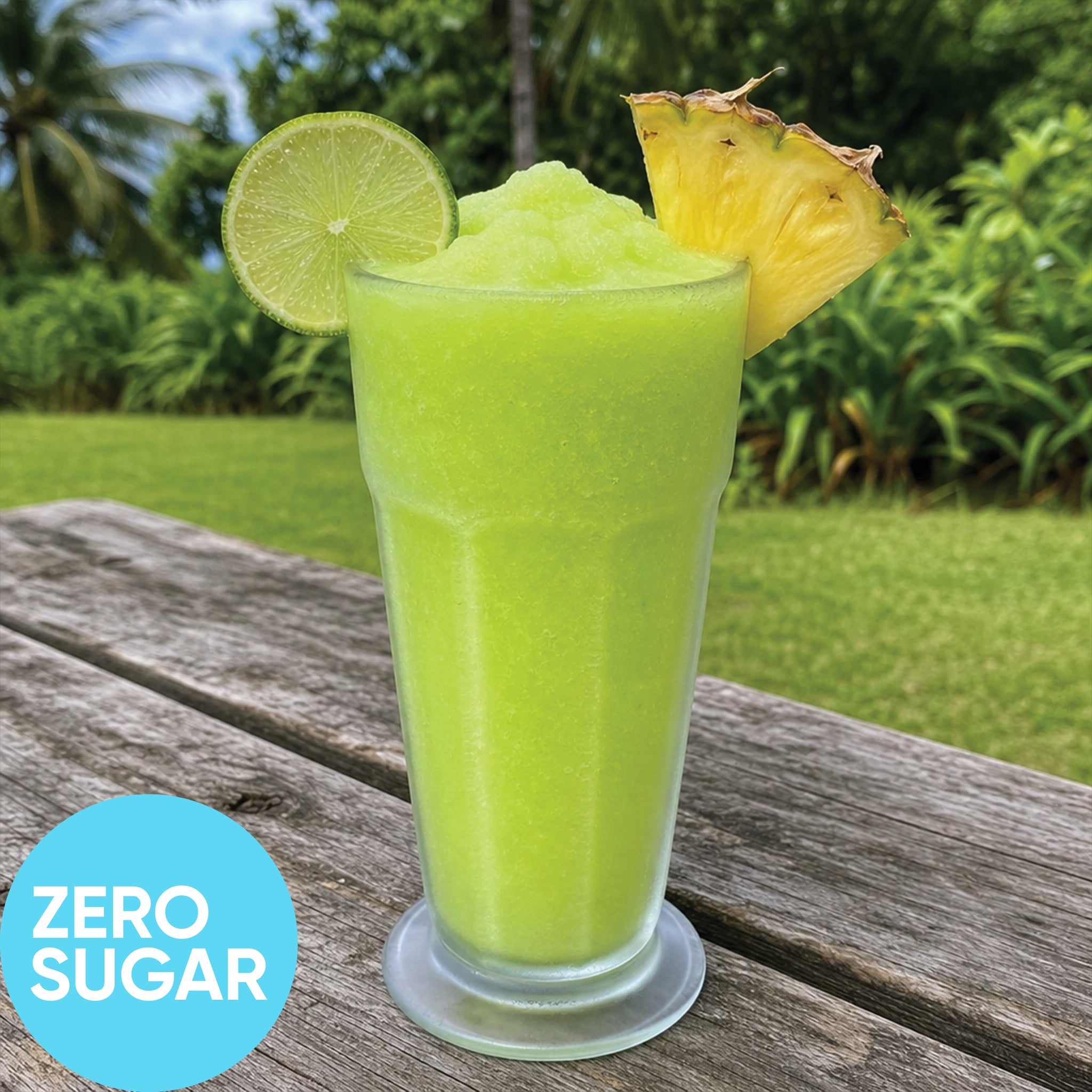 A tall clear glass filled with Frozen Zero Sugar Hard Pine Lime VINKA Slushy Kit (2L), garnished with a lime wheel and pineapple slice, sitting on a weathered wooden table with a tropical garden background. A blue circle in the lower left reads 'ZERO SUGAR'.