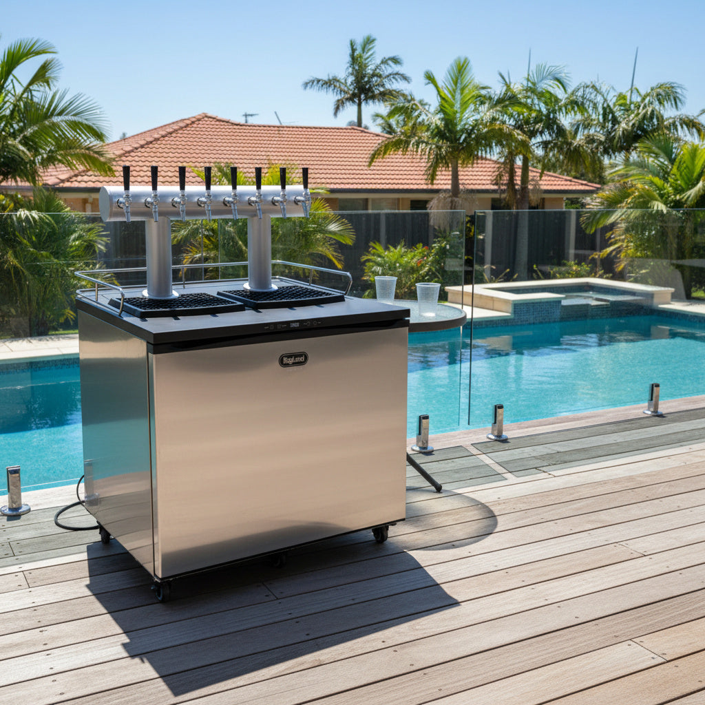 A stainless steel outdoor beverage dispenser cart with multiple beer taps, set on a wooden deck next to a swimming pool with palm trees and a house in the background.