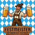 Cartoon man in lederhosen holding beer steins for Festmeister Oktoberfest Festbier.
