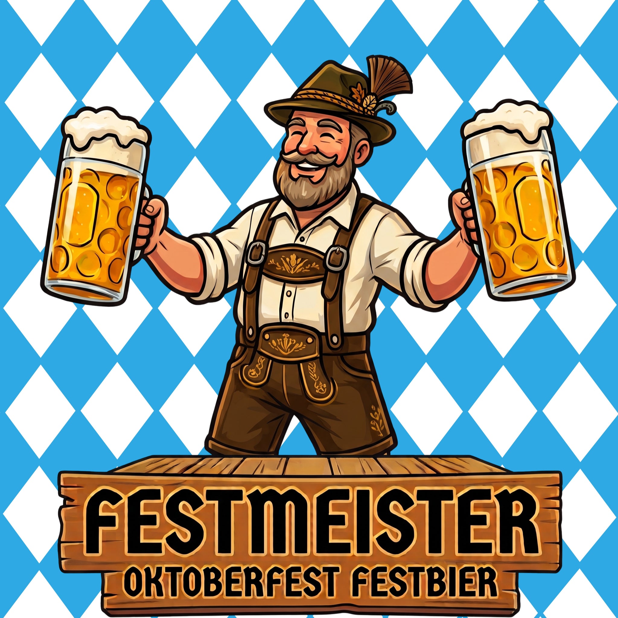 Cartoon man in lederhosen holding beer steins for Festmeister Oktoberfest Festbier.