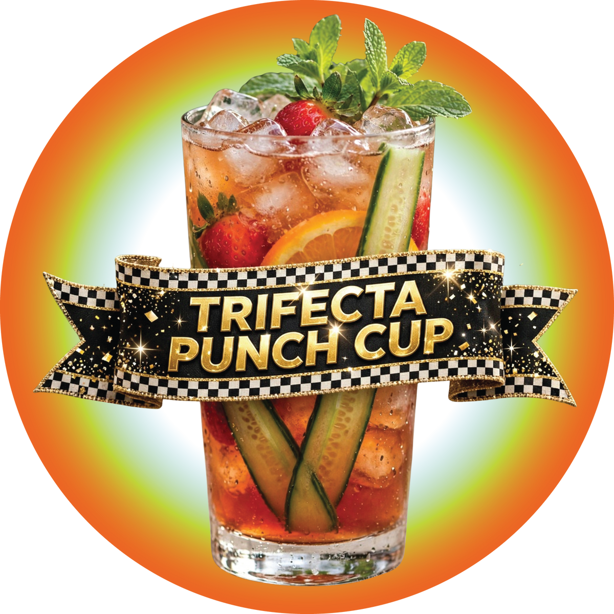 A clear glass cup filled with Trifecta Punch, strawberries, cucumber slices, orange slices, ice, mint, and a gold ribbon banner reading “TRIFECTA PUNCH CUP,” set on a cloth with strawberries and cucumber slices around it.