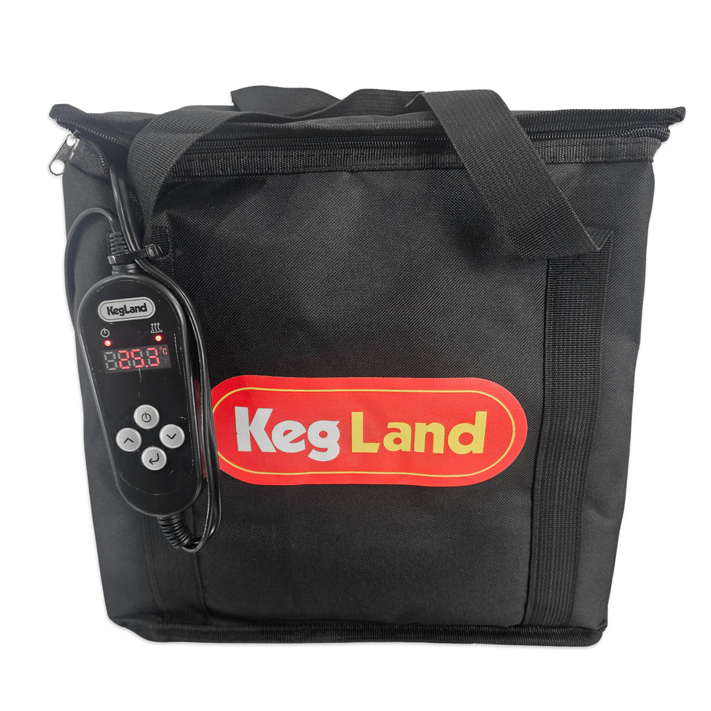 KegLand Fermentation Chamber Bag with Digital Heating Mat. Controller is zip tied to the carry handle.