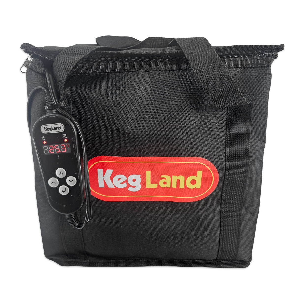 KegLand Fermentation Chamber Bag with Digital Heating Mat. Controller is zip tied to the carry handle.