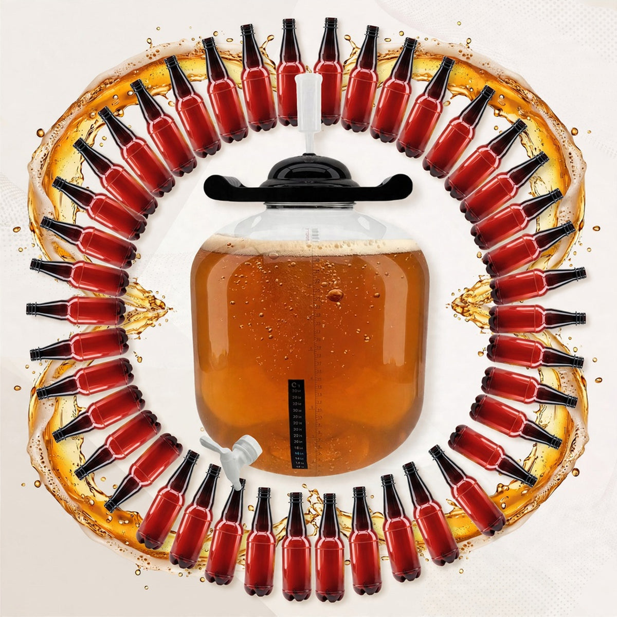 A FermZilla Flat Bottom with Beer Fermenting inside it. Surrounding by PET Amber bottles.