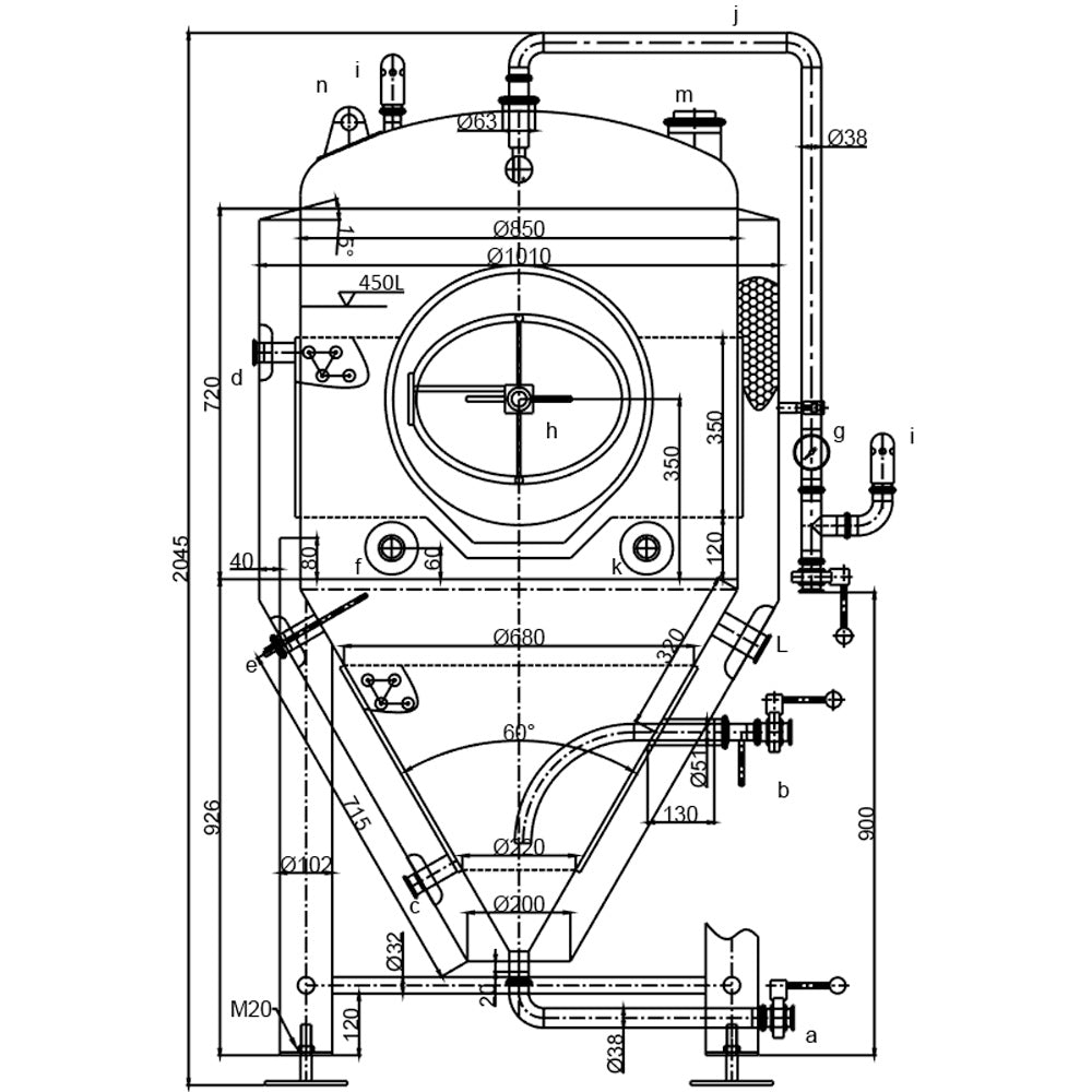 450L Conical Fermenter (pressurisable, jacketed) dimensioned drawing