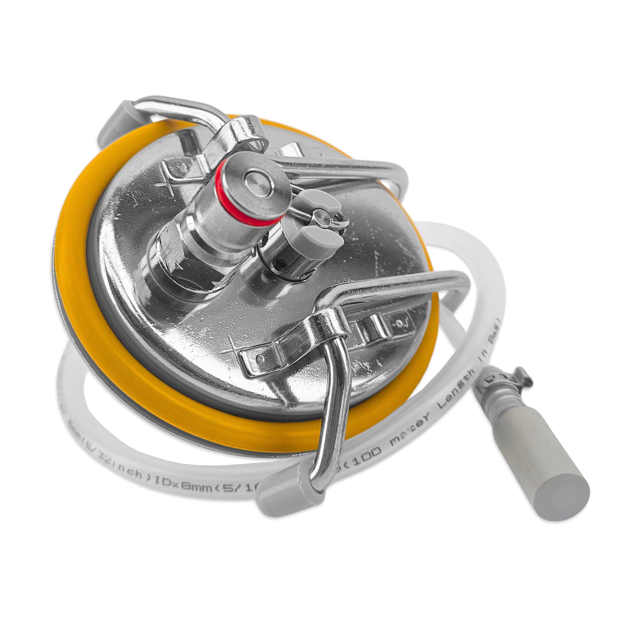 The keg lid with built-in carbonation stone! The easiest way to carbonate your beer.
Move the lid from keg to keg to carbonate as needed. This lid allows fast force carbonation with the minimum of effort.