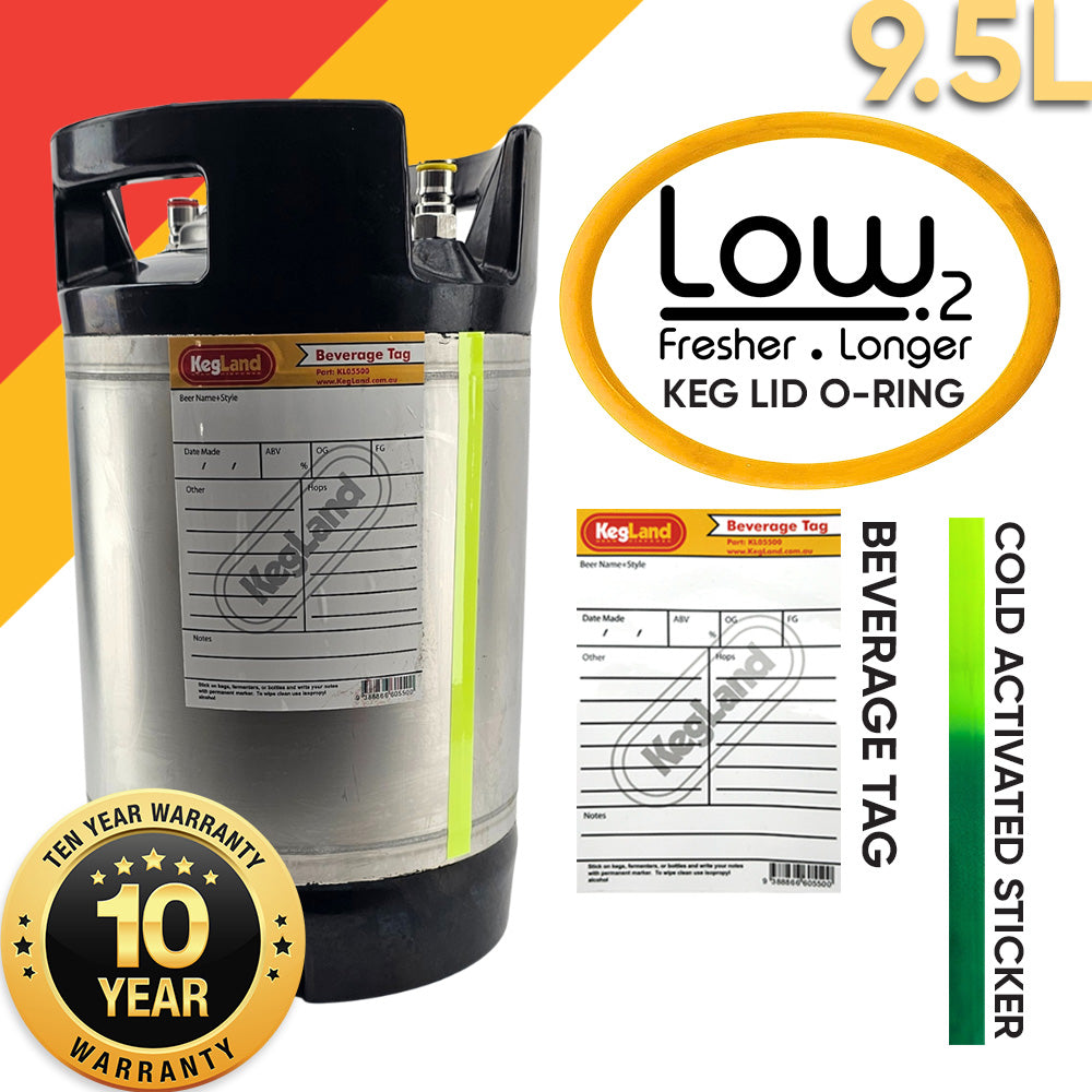 KegLand Premium 9.5L Keg with Low2 Barrier Technology. Beverage Tag and Cold Activated Sticker now included. 10 Year Australian Warranty.