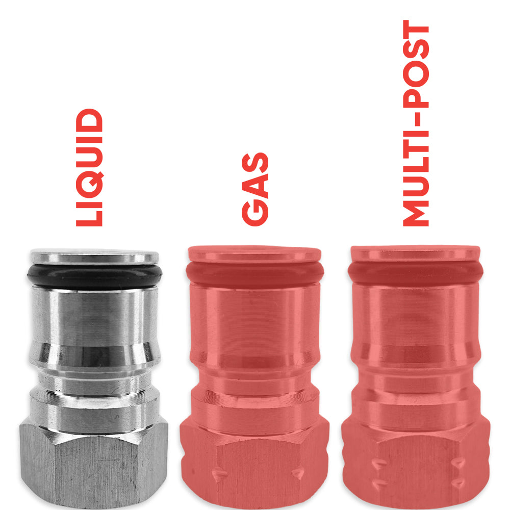 Three metal connectors labeled 'Liquid', 'Gas', and 'Multi-Post' on a white background.