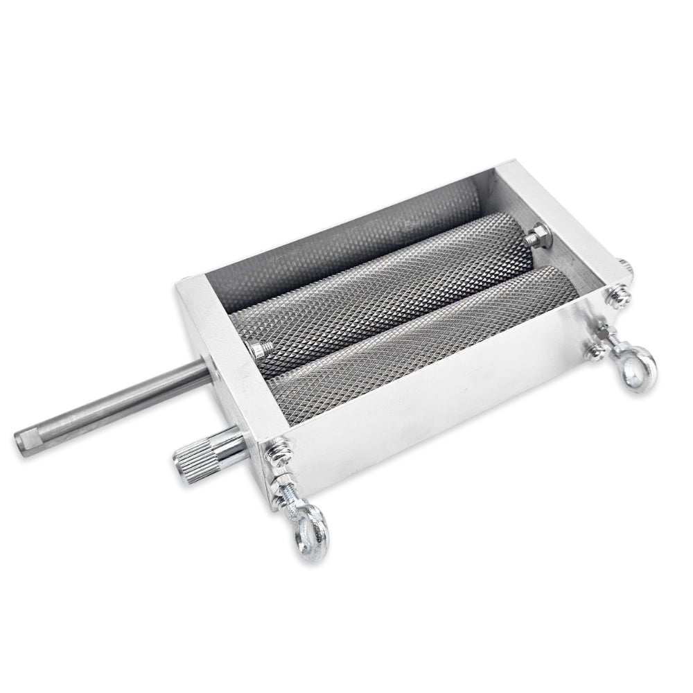 Semi Birds eye fiew of crankshaft and knurled rollers of the KegLand Malt Muncher.