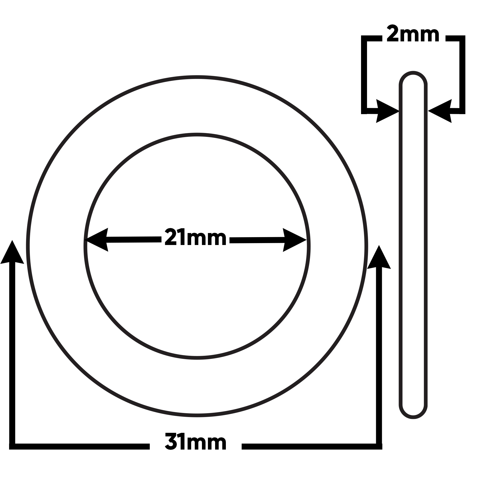 Black and white technical dimension diagram of a circular ring with a narrow vertical strip, showing measurements of 21mm inner diameter, 31mm outer diameter, and 2mm strip width.