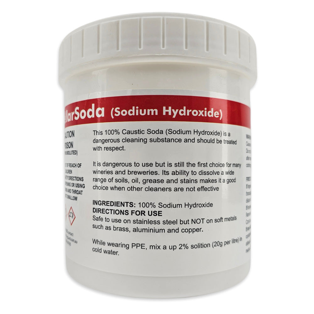 Container of sodium hydroxide with a red label on a white background