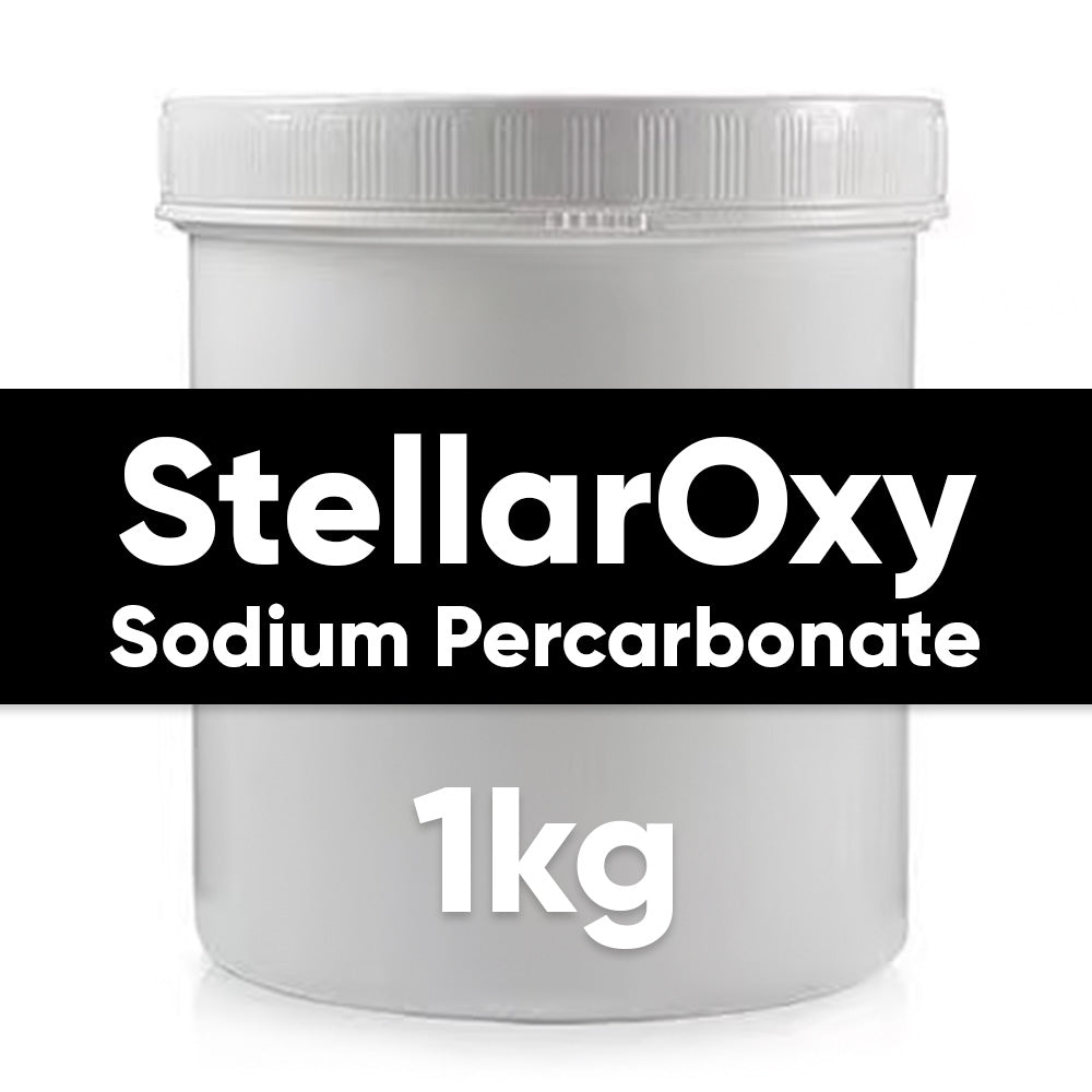 White container of StellarOxy Sodium Percarbonate with text on a white background