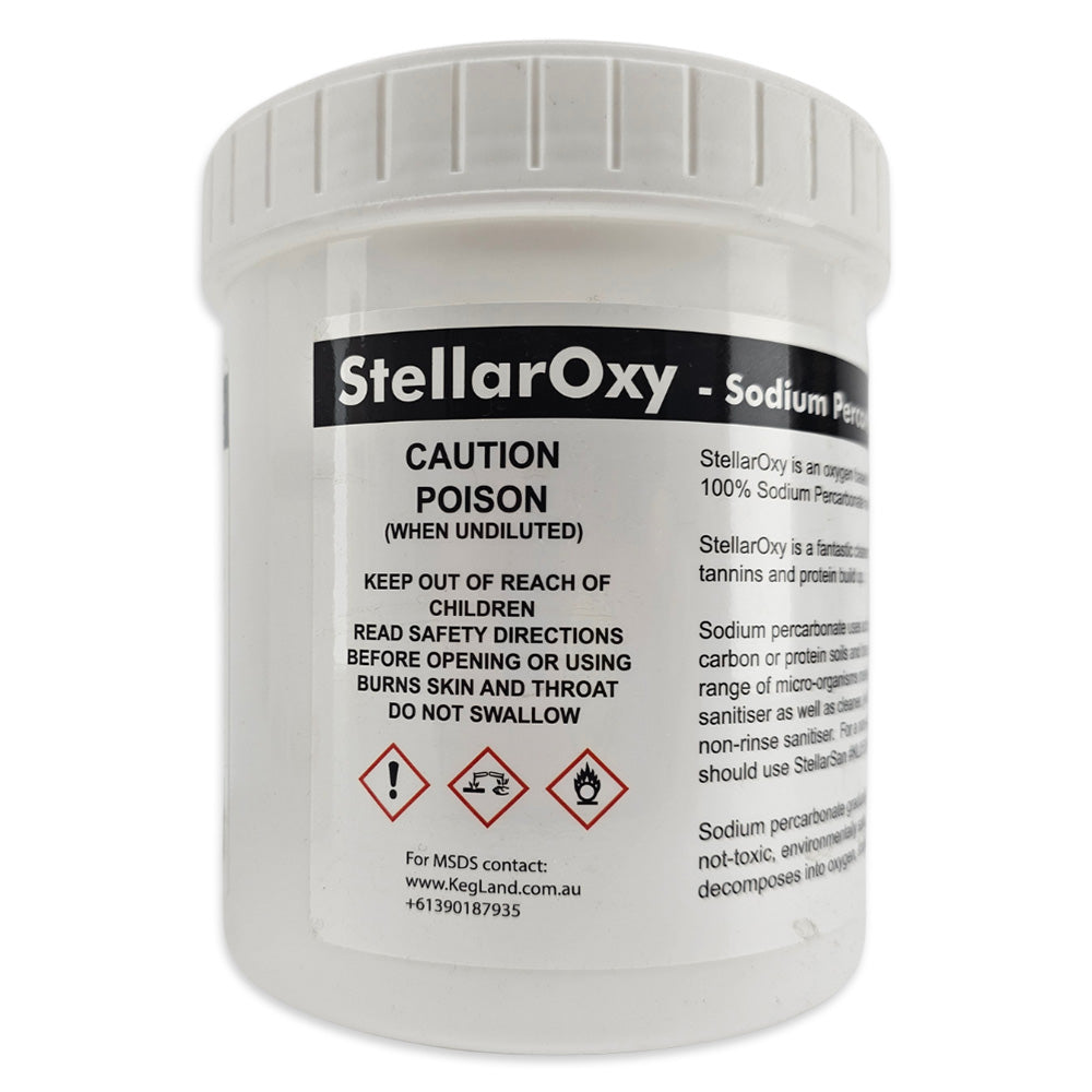 StellarOxy sodium percarbonate container with warning labels on a white background