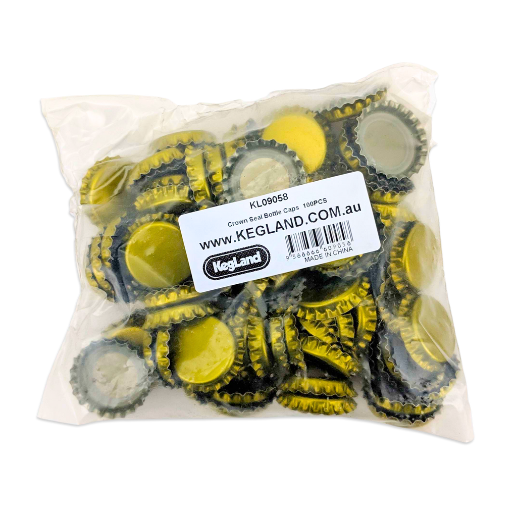 Bag of gold bottle caps with a Kegland label on a white background