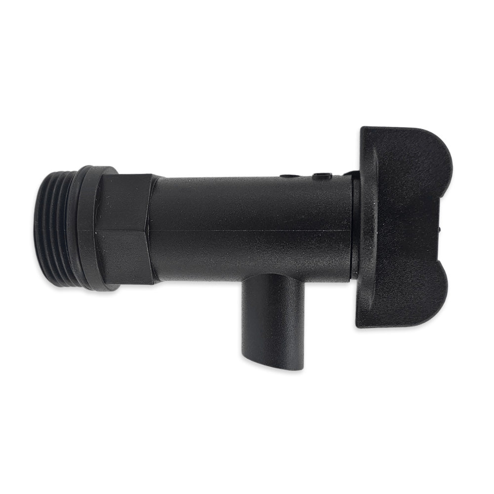 Black fermenter tap with a 3/4" Male Thread and O-Ring facing to the right.