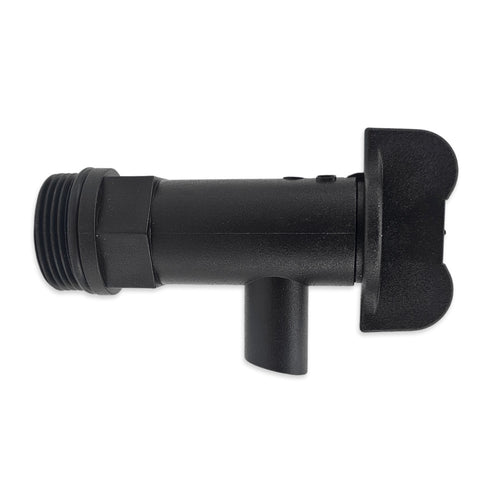 Black fermenter tap with a 3/4" Male Thread and O-Ring facing to the right.