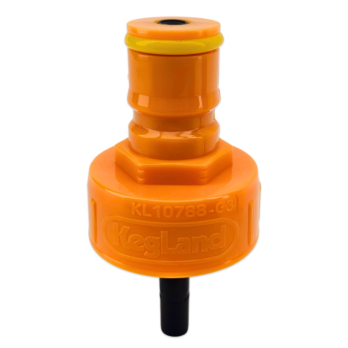 Zoomed in photo of the KegLand Yellow Carbonation Cap, often used for liquid transfers. Signified by liquid gold. 