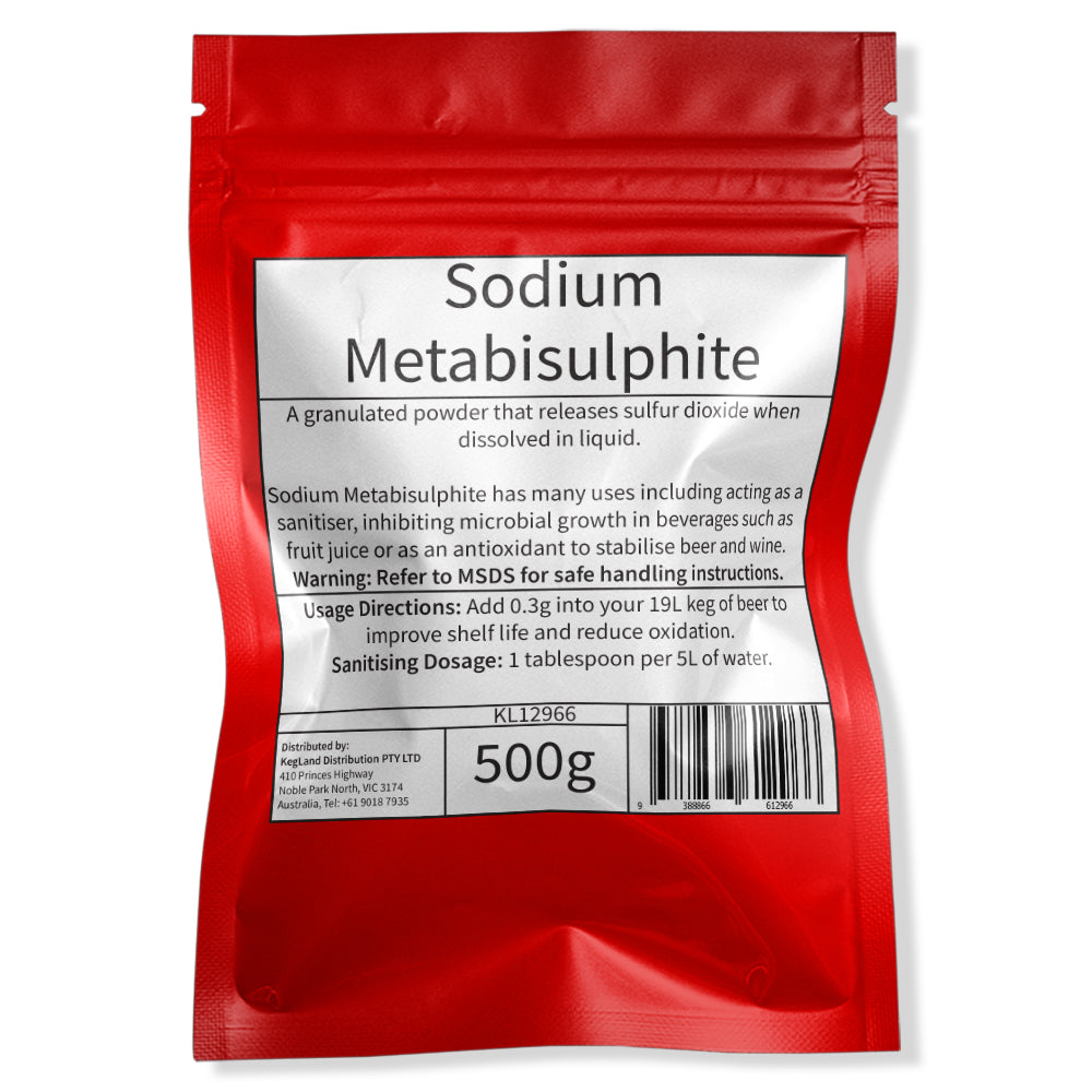 Sodium Metabilsulfite 500g in resealable red mylar packaging.