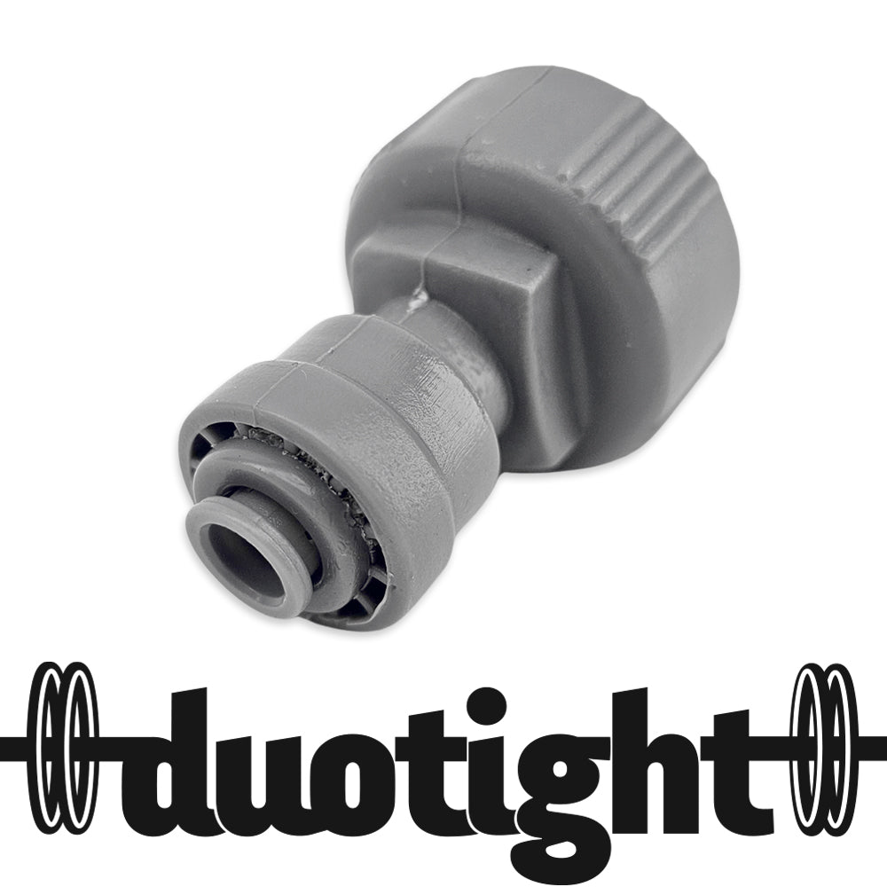 Gray plastic fitting with 'duotight' branding on a white background