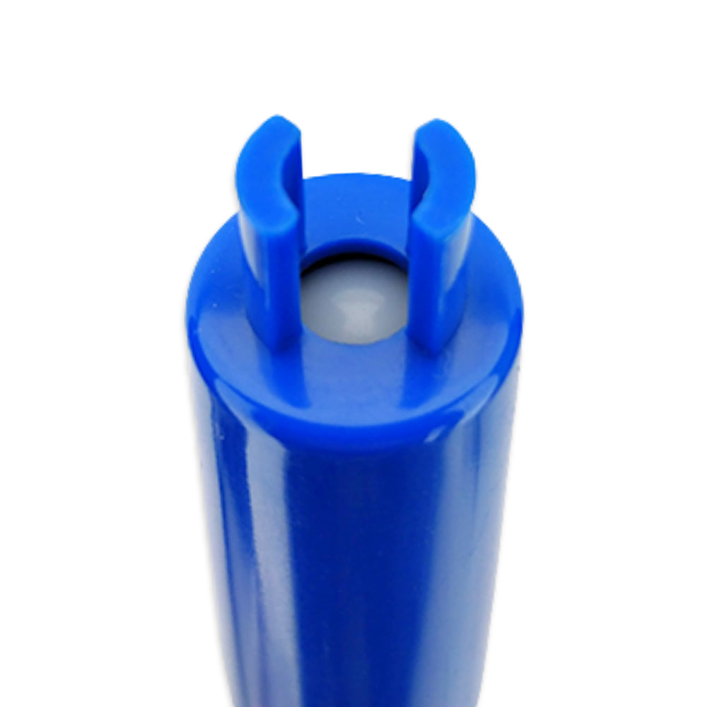 Blue cylindrical object with a central hole on a white background