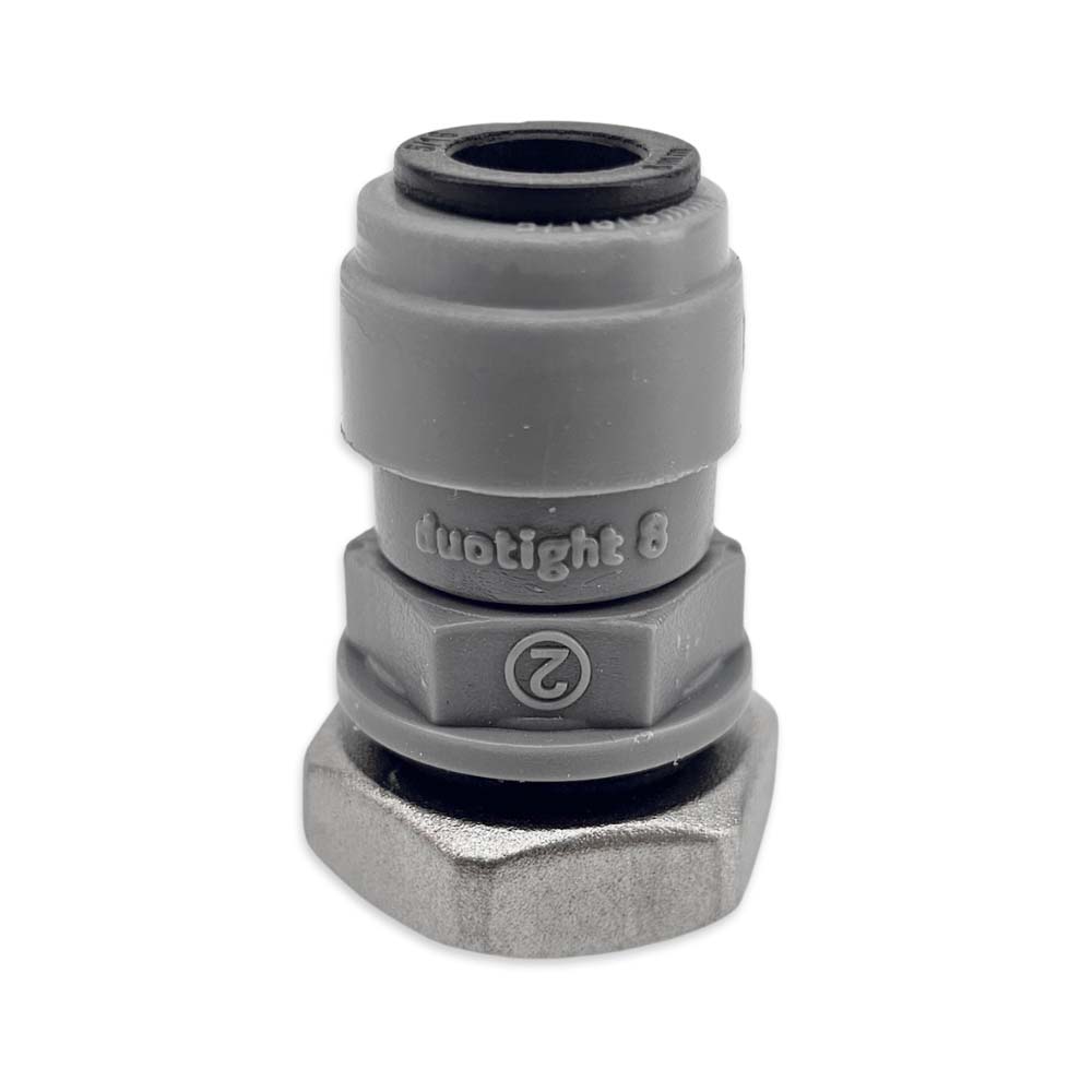 Gray pipe fitting with black rubber washer on a white background