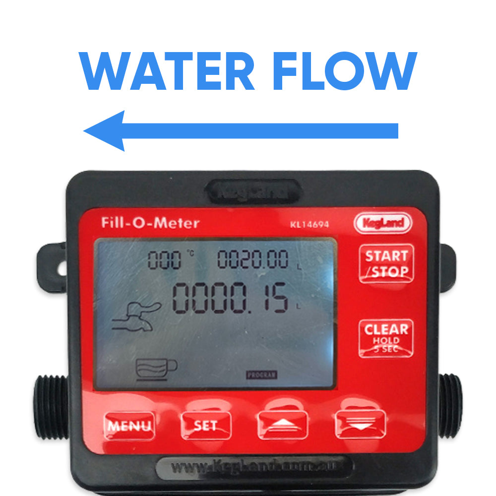 Fill-O-Meter water flow control device with digital display on a white background