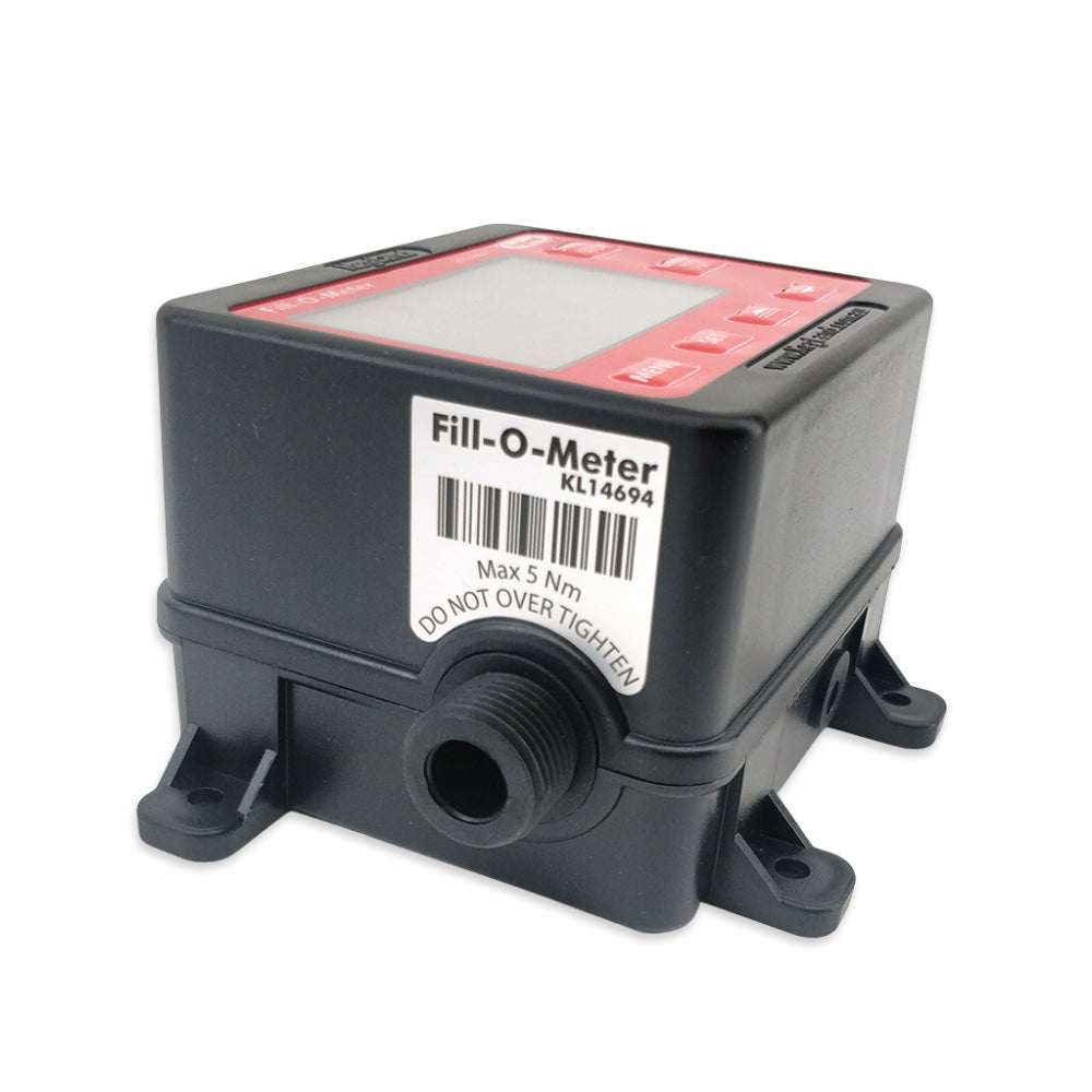 Fill-O-Meter device with a label on a white background