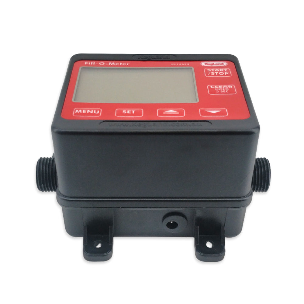 Digital meter with red display and black casing on a white background