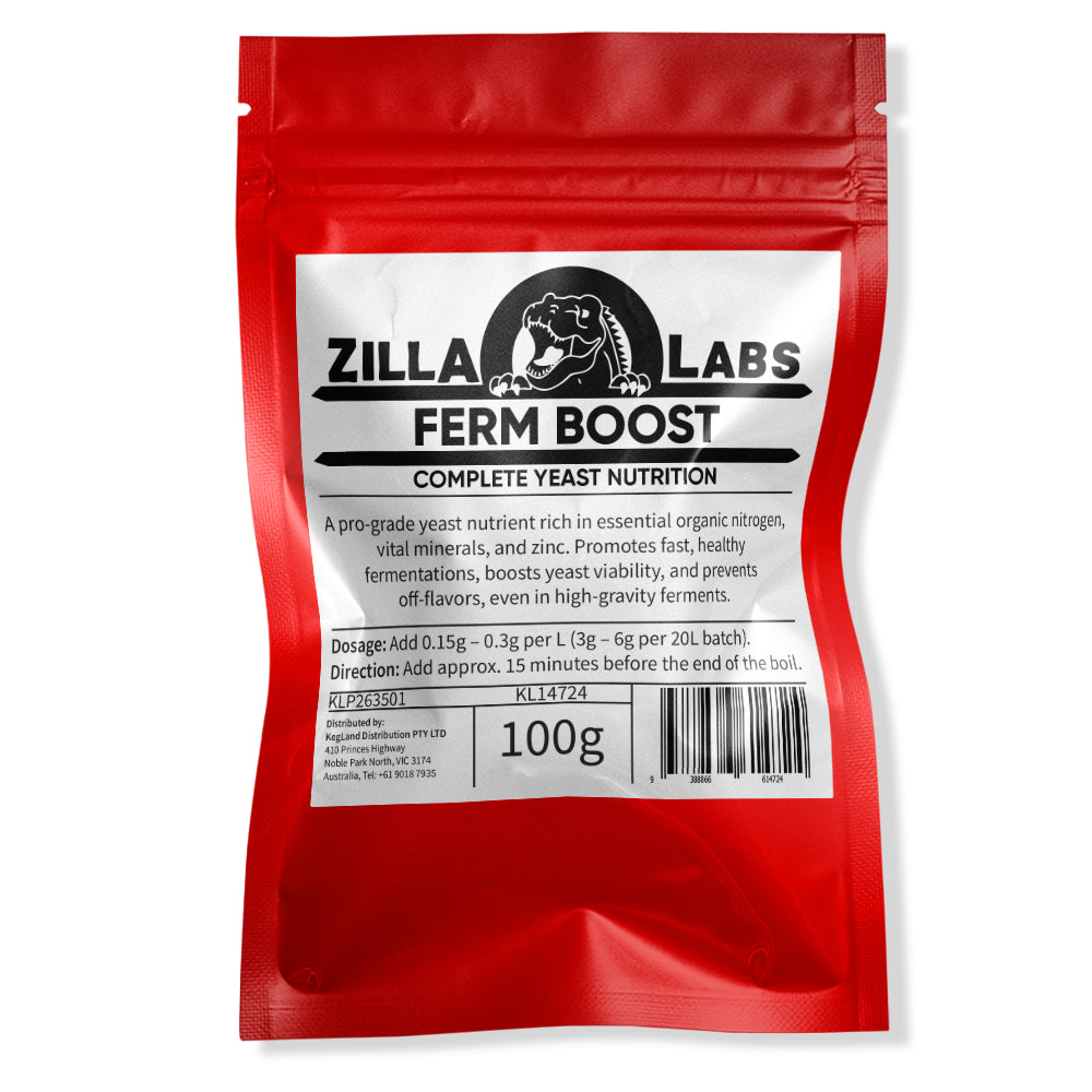Zilla Labs Ferm Boost 100g complete yeast nutrient red pouch for homebrewing