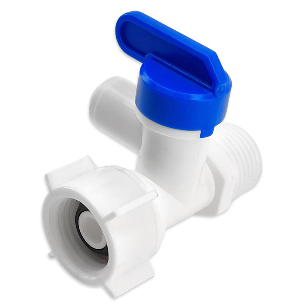 White plastic valve with blue handle on a white background
